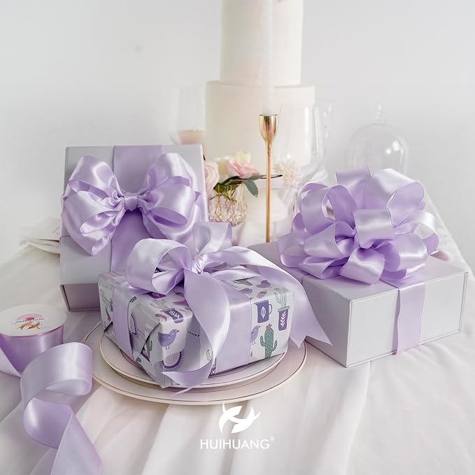 HUIHUANG Lavender Satin Wired Ribbon 2.5 inch Light Purple Double Sided Satin - Image 6