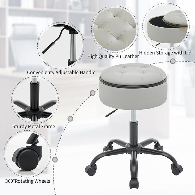 Vnity Stool with Wheels (Chair & Small Table in One) (Adjustable Tattoo Chair 20.67"-24.61"), Gray Stool for Desk with Storage