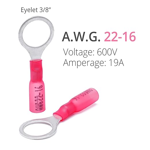 Wirefy 150 PCS Heat Shrink Ring Terminals 3/8" - a Resistant Ring Connectors - Eyelet Wire Connectors - Red 22-16 AWG