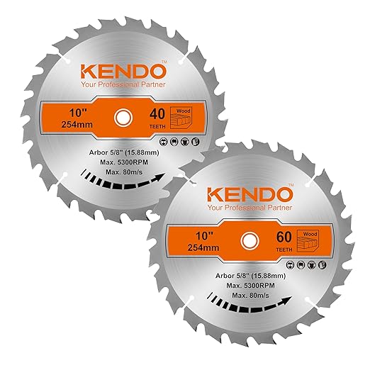KENDO 2-Pack 10 Inch 40T&60T Carbide-Tipped Circular Saw Blade with 5/8 Inch Arbor, Professional ATB Finishing Woodworking Miter/Table Saw Blades for Plywood, Laminate, Ripping Wood