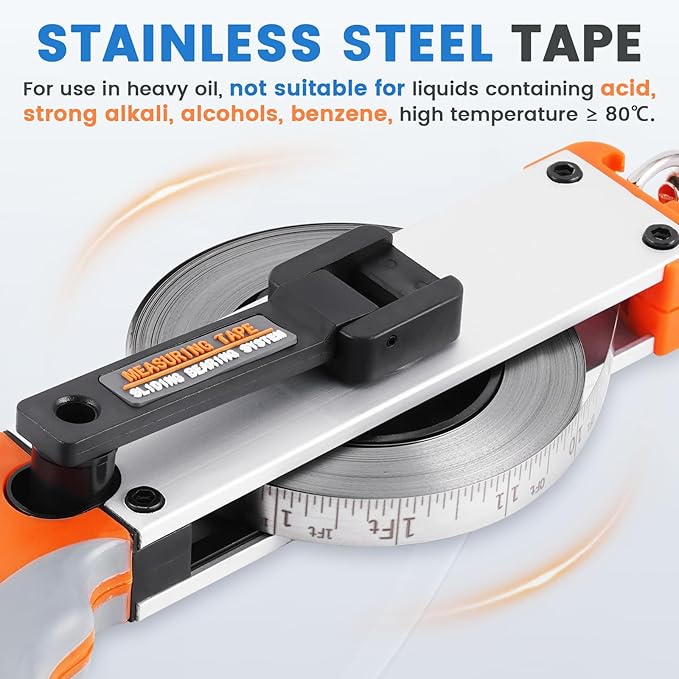 YJINGRUI 98ft/30M Oil Tank Gauging Tapes, Explosion Proof, Stainless Steel Oil Gauging Tape with 350g Brass Plumb Bob, Bent-Handle