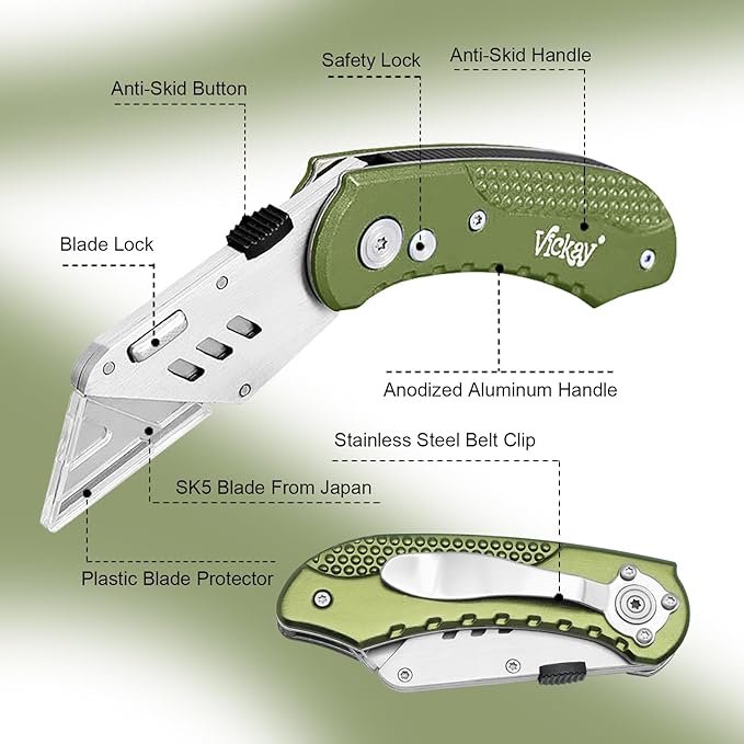 Vickay Folding Utility Knife, Box Cutter with 5 SK5 Quick Change Blades, Safety Axis Lock Design Razor Knife, Lightweight Aluminum Handle Belt Clip for Office Home Artcraft (Olive Green)