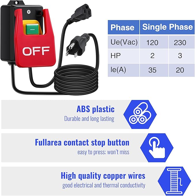 Dreyoo 2 Pack 120/230V Single Phase On/0ff switch, 120V 2HP Router Table Switch with Large Stop Sign Paddle Easy Contact for Fast Power Off for Table Saw and Other Electrical Equipment (1 Female Plug)