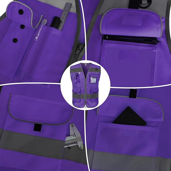 TCCFCCT Reflective Vest 9 Pockets High Visibility Safety Vest for Men Women, Hi Vis Construction Work Vest with Reinforced Sewing, Durable to Use, Meets ANSI/ISEA Standards, (Purple, XX-Large)