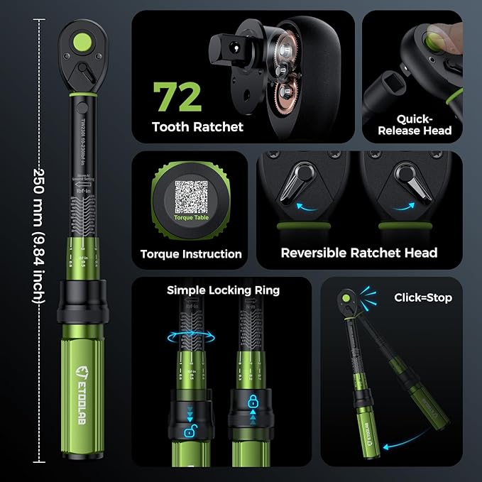 1/4 Torque Wrench, 52Pcs Dual-Range【10-230 in.lb/1-26 Nm】±3% Precision Inch Pound Torque Wrench 1/4 Drive, 72 Tooth Dual-Direction Bike Wrench Set for MTB, E-Bike, Moto Maintenance