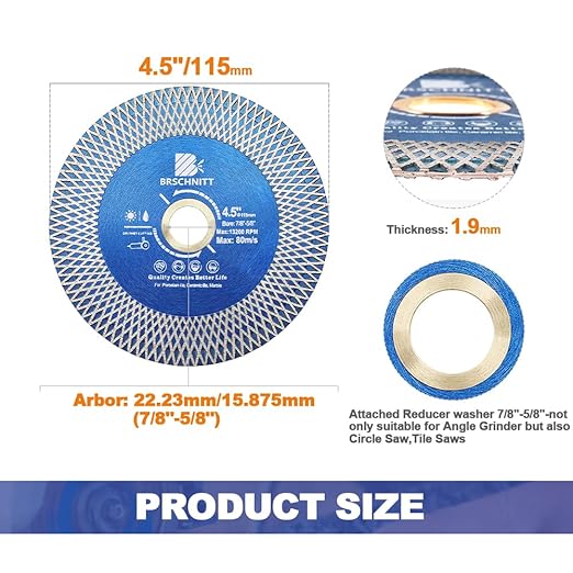 Diamond Porcelain Tile Saw Blade - BRSCHNITT 4.5" Super Thin Diamond Cutting Grinding Disc with X Teeth Arbor 7/8“-5/8“ for Ceramic Tiles,Granite,Marble Angle Grinder Circle Saw Blade