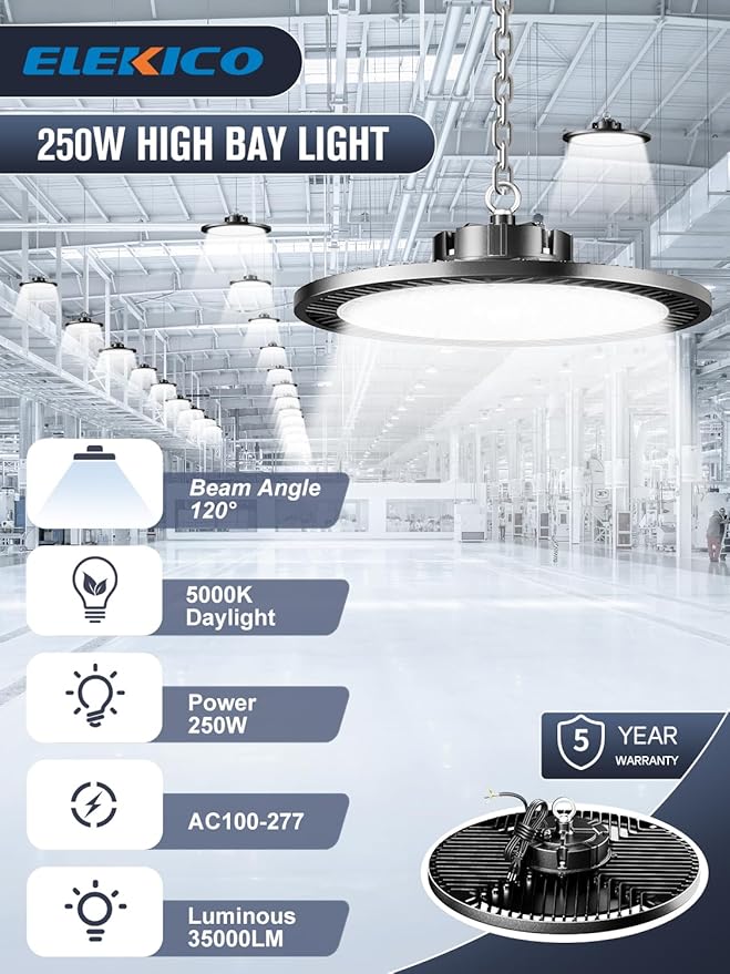 Super Bright 250w UFO LED High Bay Light 35000lm with Plug 5ft Cable (Eqv.1000w Mh/Hps/Hid),5000k High Bay Led Shop Lights Garage Lighting for Garage Factory Workshop Warehouse Barn -6pack