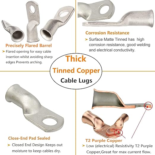 000 Gauge Tinned Copper Cable Lugs 8 PCS 3/0 AWG-3/8(M10) Ring Terminal Heavy Duty Wire Lugs Battery Lugs, 8 PCS 3/0 Guage terminals Battery Cable Ends Connectors with 8 PCS 3:1 Heat Shrink Tube