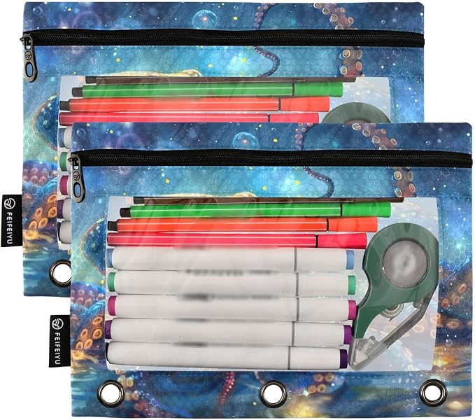 Octopus Galaxy Pencil Pouch for 3 Ring Binder, 2 Pack Waterproof Pencil Bags - Image 2