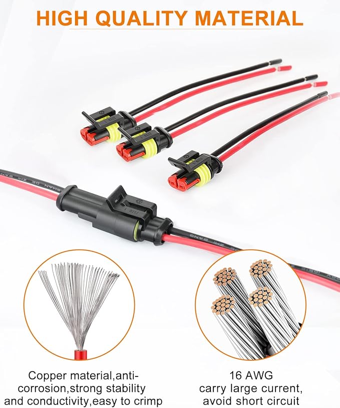 NAOEVO 2 Pin Connector Waterproof, 16 AWG 2 Wire Connectors, Automotive Electrical Connectors Male and Female Way with Heat Shrink Tubing for Car Truck Boat Wire Connection, 6 Kits