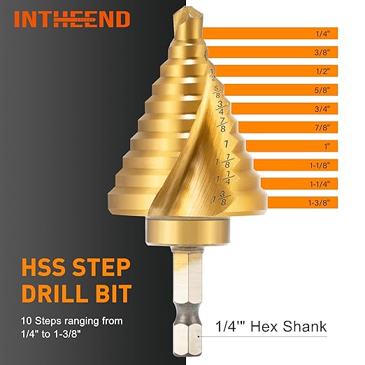 INTHEEND 10 Sizes Step Drill Bit 1/4"–1-3/8", 1/4" Hex Shank HSS Spiral Grooved Steps Drill Bit, Titanium Coating, Large Step Drill Bit for Hole Drilling Cutting for Metal, Aluminum, Wood, Plastic
