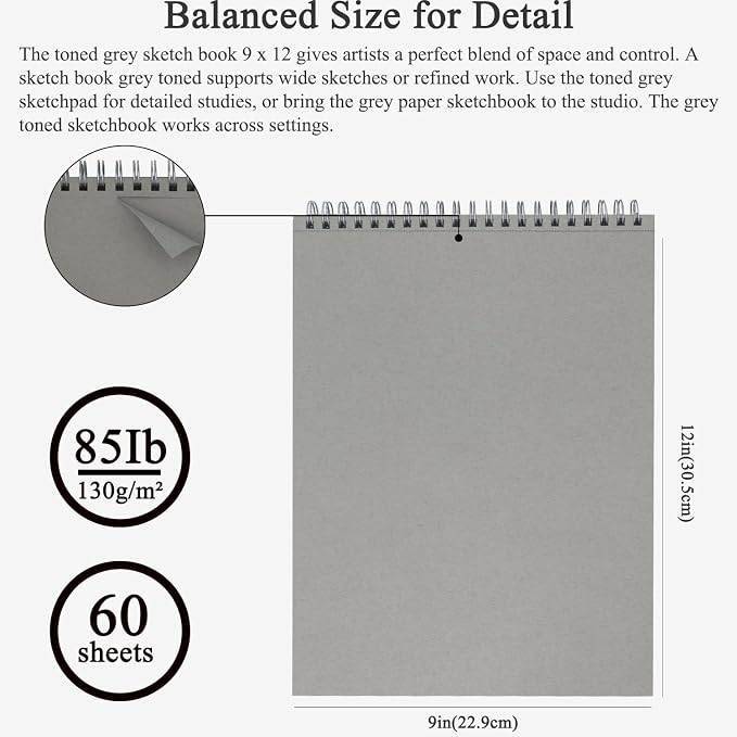 Fuxi Toned Grey Sketch Pad, 9x12 Spiral Sketchbook, 60 Sheets Art Paper - Image 2