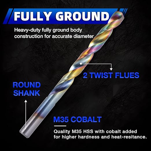 29Pcs Cobalt Drill Bits (1/16"-1/2"), 135 Degree Tip HSS Colorful Titanium Plating with Metal Storage Case, Twist Jobber Drill Bit for Cast Iron, Steel, Hardened Metal, Plastic and Wood