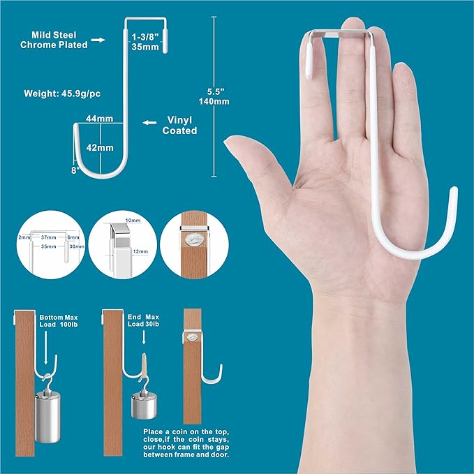 Over The Door Metal Hooks with Plastic Coating 5.5" Fit 0.5" to 1 3/8" Door 6 Pcs Heavy Duty Single Towel Robe Rack Wreath Bathroom Shower Hanger Shoe Organizer Ironing Board Short White