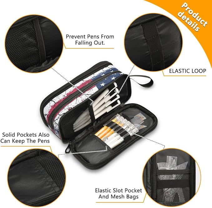 Retro American Flag Pencil Case Box Boys Girls Large Pencil Pouch Zipper - Image 4