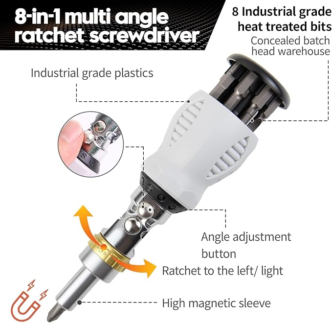 Ratcheting Screwdriver, Multi-Bit Screwdriver/Short Screw Drivers with Magnetic,Impact Rated 8pcs Tool with Phillips, Slotted and Torx,Hex Tips