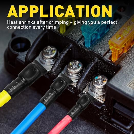 haisstronica Non Insulated Wire Connectors Kit，50pcs 3/8” Ring Terminals (AWG12-10) with 50pcs 3:1 Heat Shrink Tubing for Automotive Marine，Brazed Seam Wire Crimp terminals