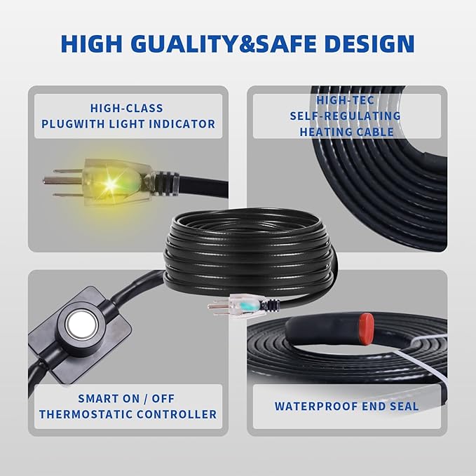 12FT Heat Cable for Water Pipes, Prevent Freezing & Easy Installation, Water Pipe Heat Cable With Thermostat Self-Regulating, Pipe Heating Trace System 120 V
