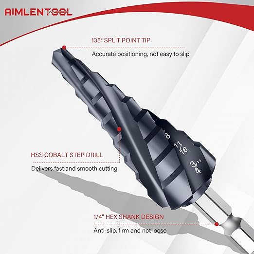 M35 Four Spiral Flute Cobalt Step Drill Bit, 3/16"-7/8" Wear-Resistant TiAlN Coated Four-Flute Step Bit, 1/4" Hex Shank Unibit Step Bit for Metal, Stainless Steel, Aluminum, Wood, Plastic