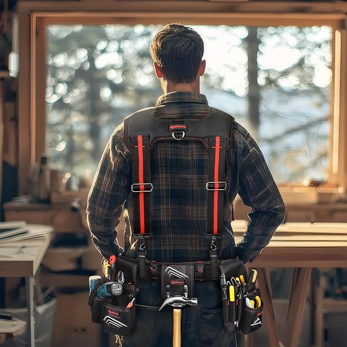 Heavy Duty Tool Belt with Padded Suspenders – Adjustable Construction Tool Rig with Multi-Pouch System – Framing & Electrician Waist Belt for Men（Adjustable one sizeZ)