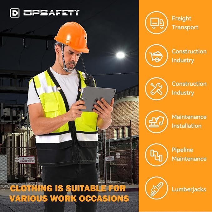 Reflective Safety vest With back plan pocket,High visibility Class 2 Heavy Duty Surveyor Vest with Zipper,Hi Vis Construction Work Vest for Men＆Women ANSI/ISEA(Yellow-Bottom,4XL)