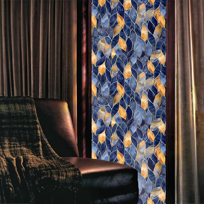 Golden Yellow Blue Leaf Mosaic Window Films Decorative Double-Side Privacy Film - Image 2