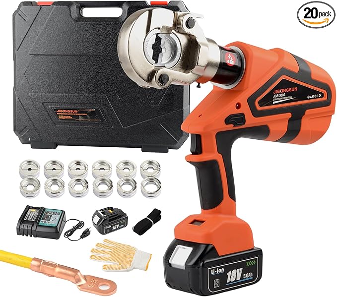Electric Hydraulic Crimping Tool, Battery Cable Crimper Tool, 8 Ton Wire Crimpers Electrical, Crimping Rang 8AWG-600MCM(10-300m²) and Electrical Crimping Tool 12 Pairs of Dies (JGS-300S)