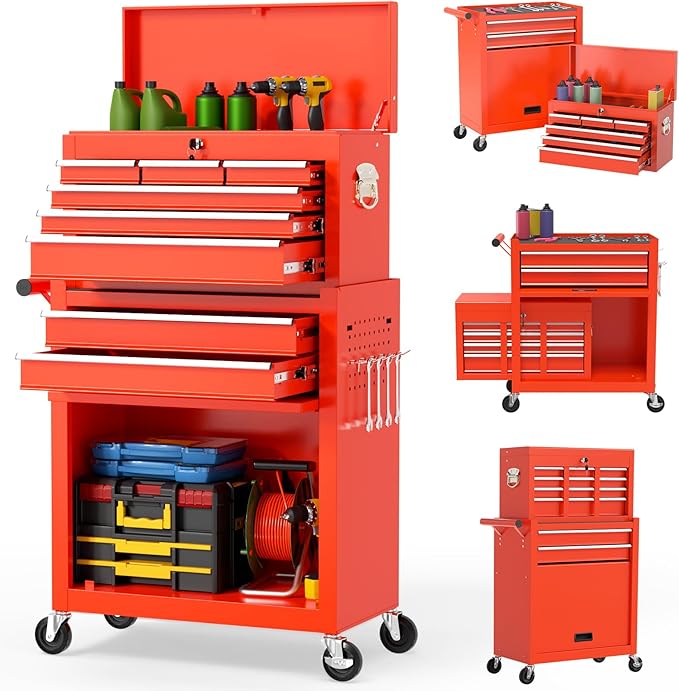 On Shine Rolling Tool Chest - 8 Drawer Large Capacity Metal Tool Box with Wheels, Locking Mechanisms; ideal for Garage, Workshop (Red)