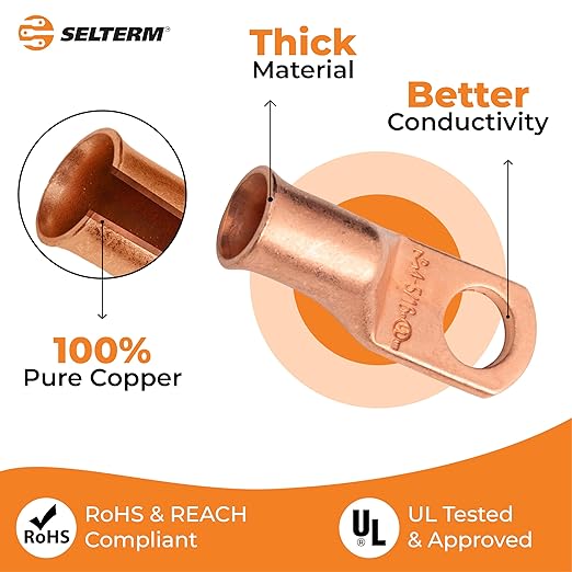 SELTERM 10pcs 4 AWG - 5/16" Stud - Battery Lugs, Heavy Duty Wire Lugs, Ring Terminals, Battery Cable Ends,4 Guage Terminals, UL Bare Copper Eyelets Electrical Battery Terminal Connectors
