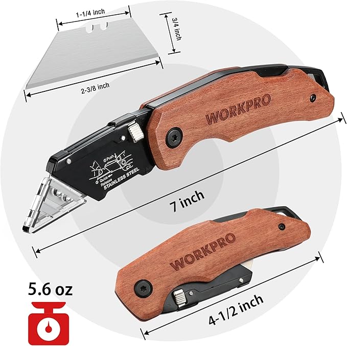 WORKPRO Folding Utility Knife with Stainless Steel Head, Quick-change Blade & Back Lock, Wood Handle Heavy Duty Box Cutter, 1PC Razor Knife with Extra 10PC SK5 Blades