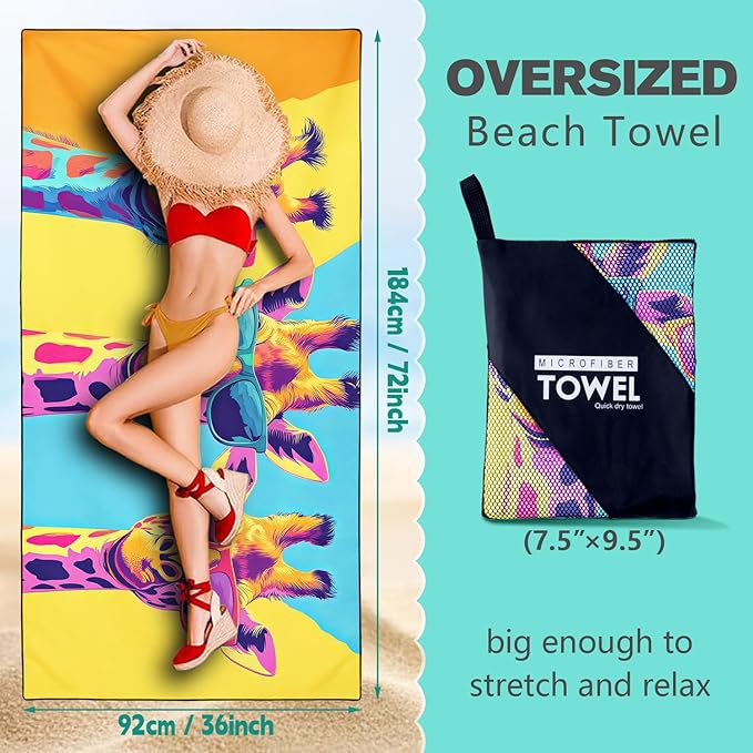 Cool Giraffe Beach Towel Oversized 36" x 72", Thin Lightweight Sand Free Quick Dry Microfiber Towel for Swimming Pool Cruise Camping Travel