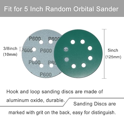 5 Inch 8 Hole Sanding Discs, 50 Pcs Wer Dry Sandpaper 600 Grit Hook and Loop Green Polyester Film Backed Sanding Disc for Random Orbital Sander Wood Car Metal Plastic (600 Grit, 50 Pack)