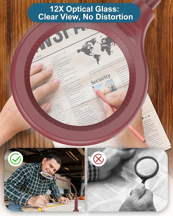 12X Magnifying Glass with Light and Stand, Real Glass, LED 5 Color Modes - Image 3