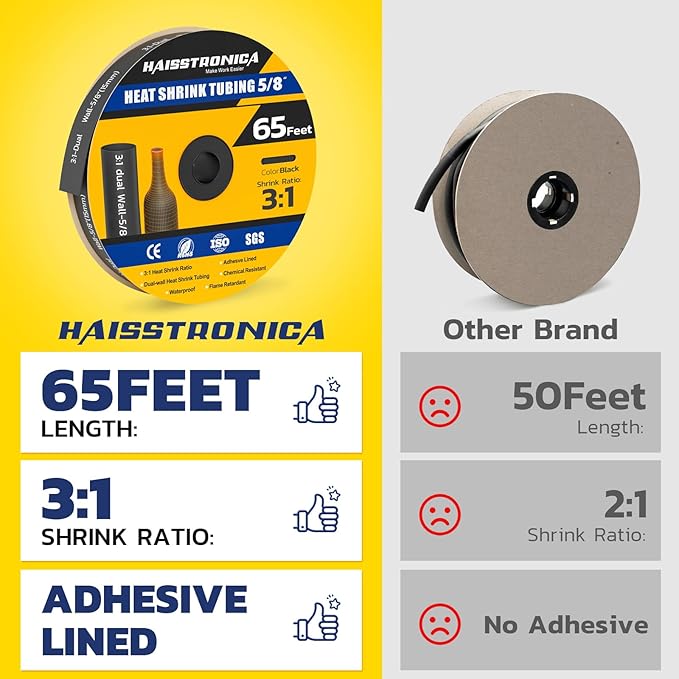 haisstronica 3:1 Heat Shrink Tubing, Shrink Ratio Adhesive Lined Marine Grade Heat Shrink Tube for Home, Automotive and Industrial (Black) 65FT 5/8inch