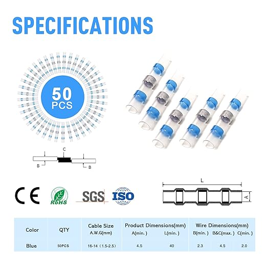 Kuject 50PCS Solder Seal Wire Connectors AWG 16-14, Blue Solder Seal Heat Shrink Butt Connectors Terminals Solder Sleeve Waterproof Wire Splice Connector for Marine Automotive Boat Wire Joint