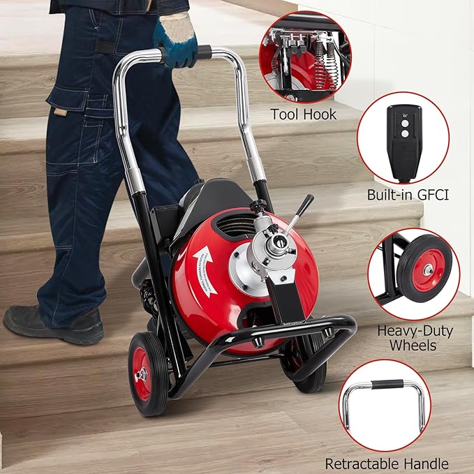 100Ft 3/8 Inch Electric Drain Cleaner Machine Auto Feed Drain Auger for 1 to 4 Inch Pipes Professional Sewer Snake with 4 Cutters Gloves Heavy Duty Clog Remover