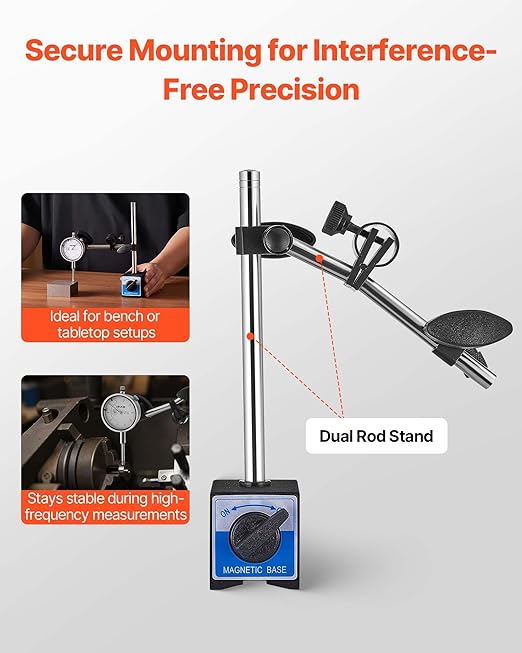 VEVOR Dial Test Indicator with Dual Rod Stand and Storage Case, 0.001 inch Accuracy, 0-1 inch Range, Fine Adjustable Long Arm, Non-Magnetic Centering Rods for Machine Set-Up, Narrow Area Measurement