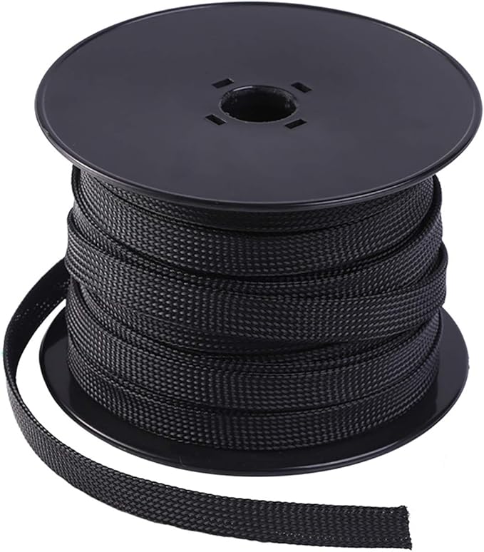 Keco 100ft – 1/4 inch PET Braided Expandable Cable Sleeve – Wire Sleeving for Audio Video and Other Home Device Cable Automotive Wire - Black