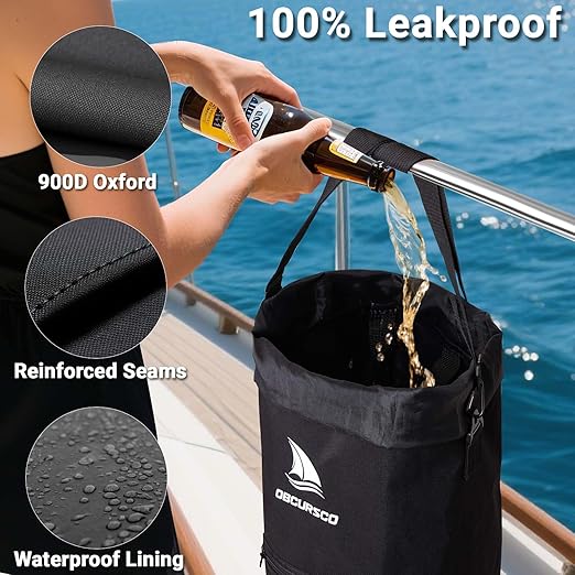 Obcursco Boat Trash Can,100% Leakproof 900D Portable Garbage Bag Pontoon Fishing Boat Accessories Marine RV or Camping 9-12 Gallon Capacity