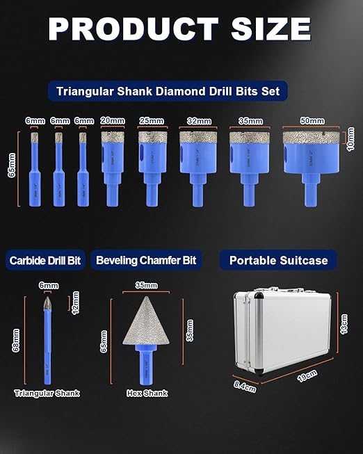 Diamond Tile Hole Saw Kit - 10Pcs 1/4'' X 3, 4/5'', 1'', 1-1/4'', 1-3/8'', 2'' Drill Bits Set, 1/4'' Carbide Drill Bit, 1-3/8'' Beveling Chamfer Bit for Porcelain Tile Ceramic Granite Marble