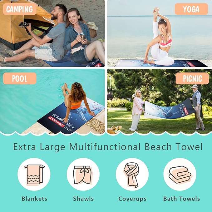 Protect Marine Ecology Beach Towel Oversized 36" x 72", Thin Lightweight Sand Free Quick Dry Microfiber Towel for Swimming Pool Cruise Camping Travel