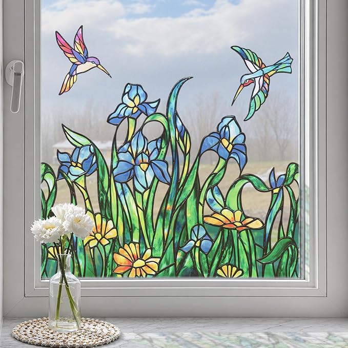 Original Hand Drawn Iris Faux Stained Glass Window Border Film, Watercolor by ChicSkin