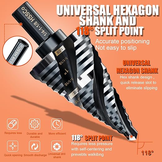 Four Spiral Flute Step Drill Bit for Metal,M35 Cobalt Unibit Step Drill Bit Set 1/4" - 1-1/8"(15 Sizes),Wear-Resistant AlTiN Coated,3/8" Hex Shank for Metal, Stainless Steel, Aluminum, Plastic