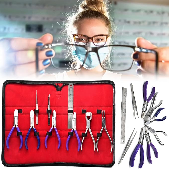 Premium 9 Eyeglass Optical Optician Tools Pliers Bent Nose Rimless W/TWEEZER, Stainless Steel