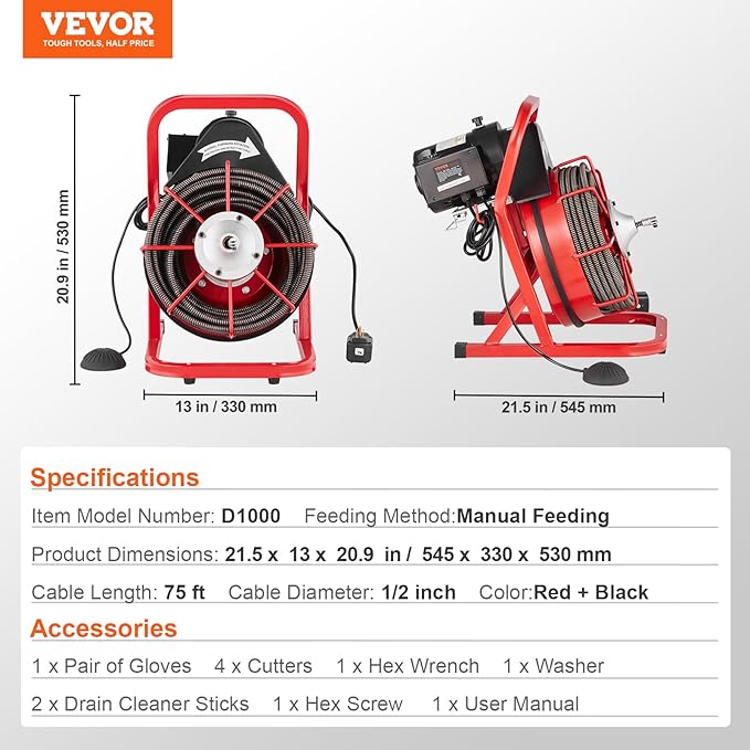 VEVOR Drain Cleaner Machine 75FT x 1/2 Inch, Sewer Snake Auger Manual Feed, 370W Electric Drain Cleaning Machine with 4 Cutters & Air-activated Foot Switch for 2" to 4" Pipes
