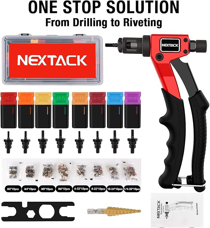 Rivet Nut Tool Kit with a Step Drill Bit & 80 Nutserts for Tight Space, 8" Rivnut Tool Set Riveter with 8 Mandrels 6-32 8-32 10-24 1/4-20 M3 M4 M5 M6 in Organized Rugged Carrying Case NT600