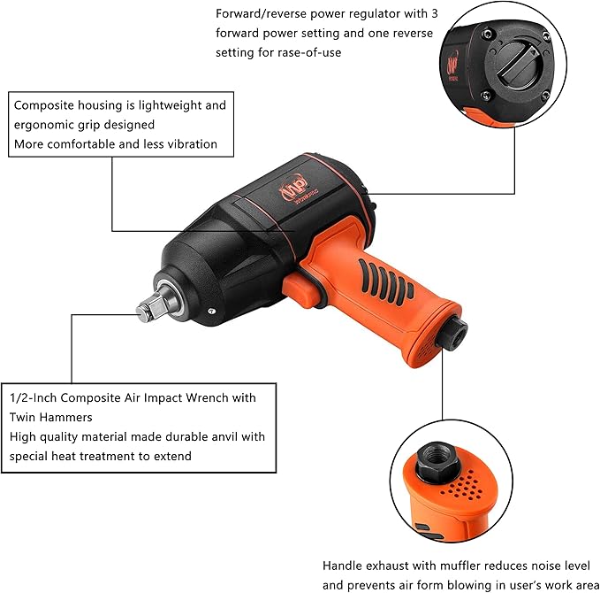 WORKPAD 1/2-Inch Composite Air Impact Wrench with Twin Hammers, Pneumatic Tools