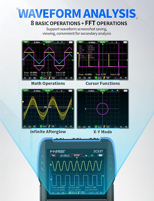 FNIRSI 2C53T Upgraded Handheld Oscilloscope, 50MHz Bandwidth, 250MS/s Sampling Rate, 20000 Counts, 3IN1 Digital Oscilloscope Multimeter DDS Generator, Voltage, Current, Capacitor, Resistor, Diode Test