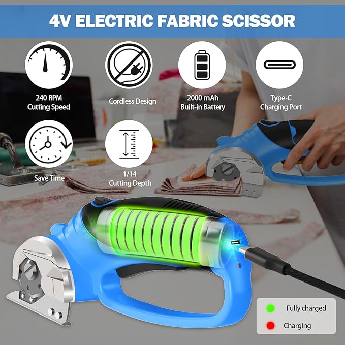 Cordless Electric Scissors, 4V Box Cutter & Cardboard Cutter with Upgrade Blade, LED Light, Safety Lock - Rechargeable Rotary Cutter for Fabric, Leather, Plastic, Crafting, Sewing, Industrial (Blue)