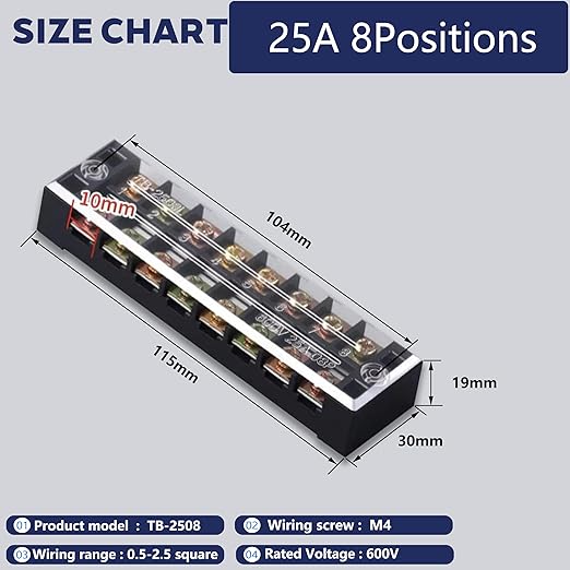 Terminal Block (2 Sets) 2Pcs 8 Positions Dual Row 600V 25A Screw Terminal Strip Blocks with Cover&2Pcs Pre-Insulated Barrier Termina Block Strip&16Pcs Insulated Fork Wire Connector